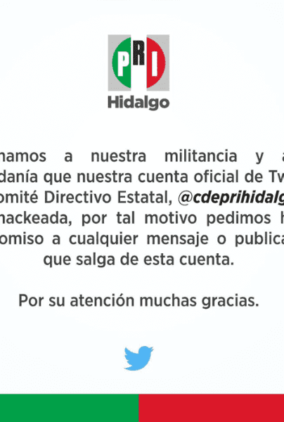 Hackean cuenta de Twitter del PRI en Hidalgo